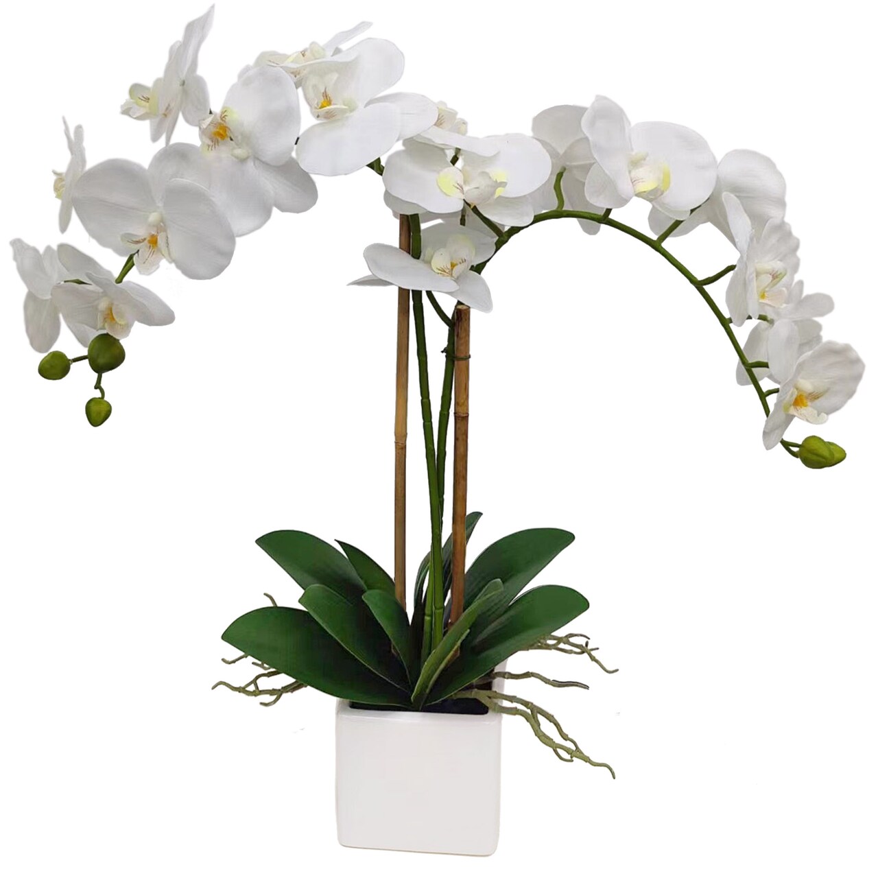 25-Inch Realistic White Orchid Arrangement – Artificial Phalaenopsis Flowers with Natural Leaf Details in Ceramic Pot for Home & Office Decor